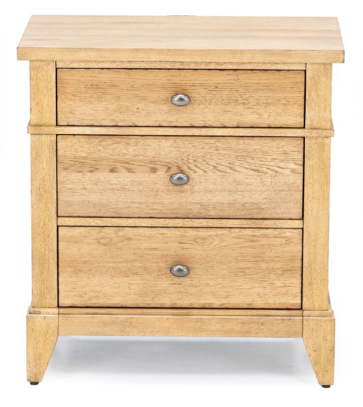 a wooden nightstand with three drawers on one side and an open drawer on the other