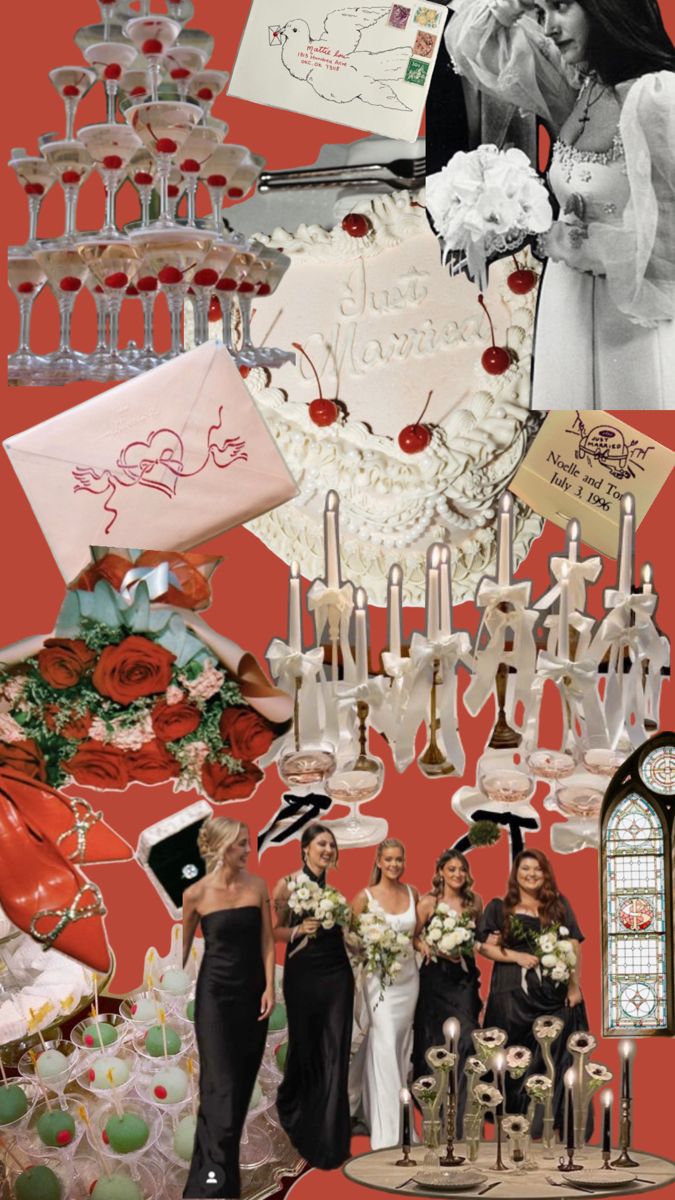 a collage of wedding photos with wine glasses and cake toppers on display in front of the bride and groom