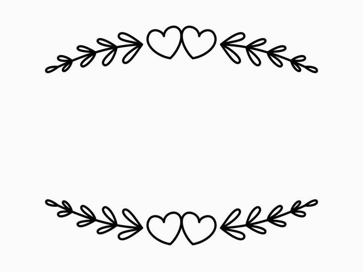 a black and white drawing of two hearts with leaves on the bottom, one in the middle