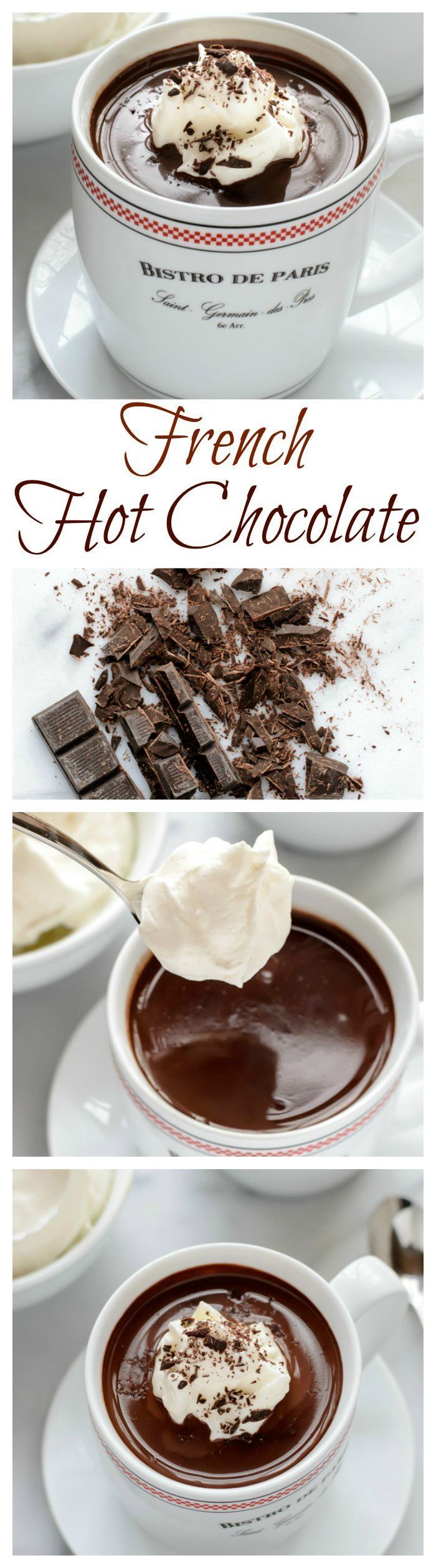 chocolate pudding in a white bowl with whipped cream on top and the words french hot chocolate above it