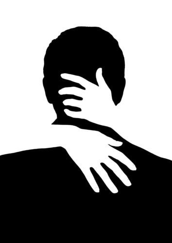 the silhouette of a man covering his face with his hands, against a white background