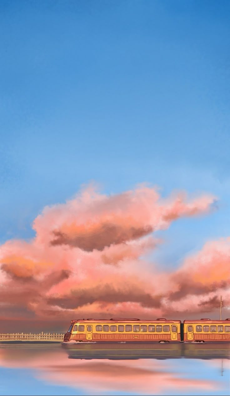 a painting of a train on the tracks in front of a body of water with pink clouds