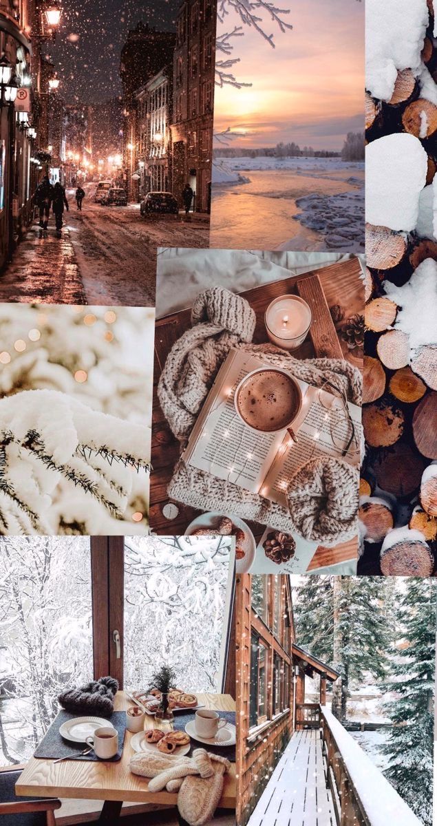 the collage shows many different things in this photo, including candles and snow - covered trees