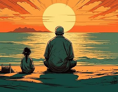 two people sitting on the beach watching the sunset