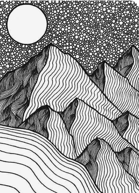 a black and white drawing of mountains with the sun in the sky above them,