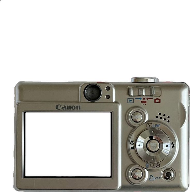 a silver camera with a white screen on it