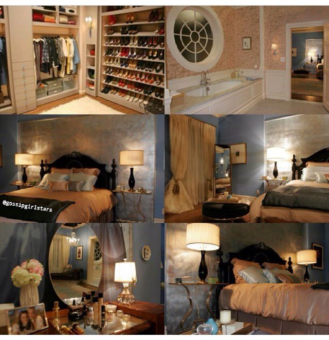 a collage of photos showing the inside of a bedroom with closets and bed