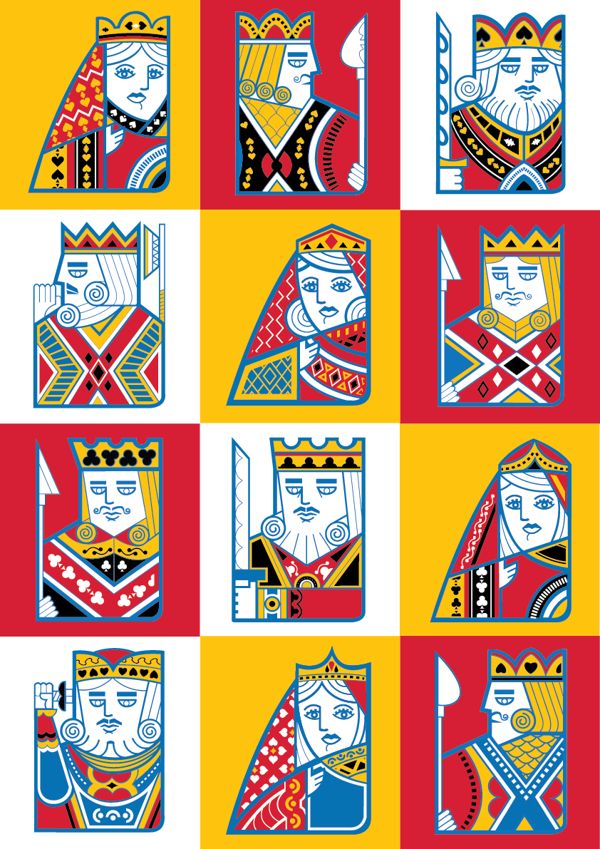 an image of the king and queen of spades in different colors on yellow background