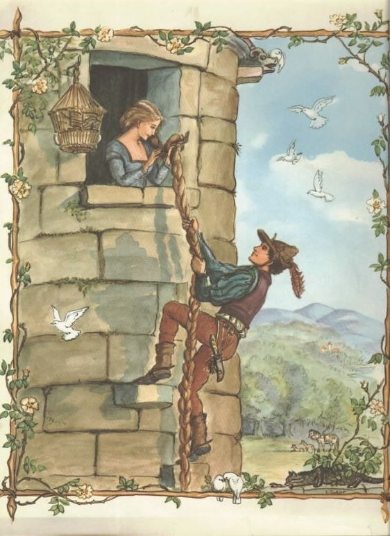 an illustration of a boy climbing up the side of a tower with a bird on his shoulder