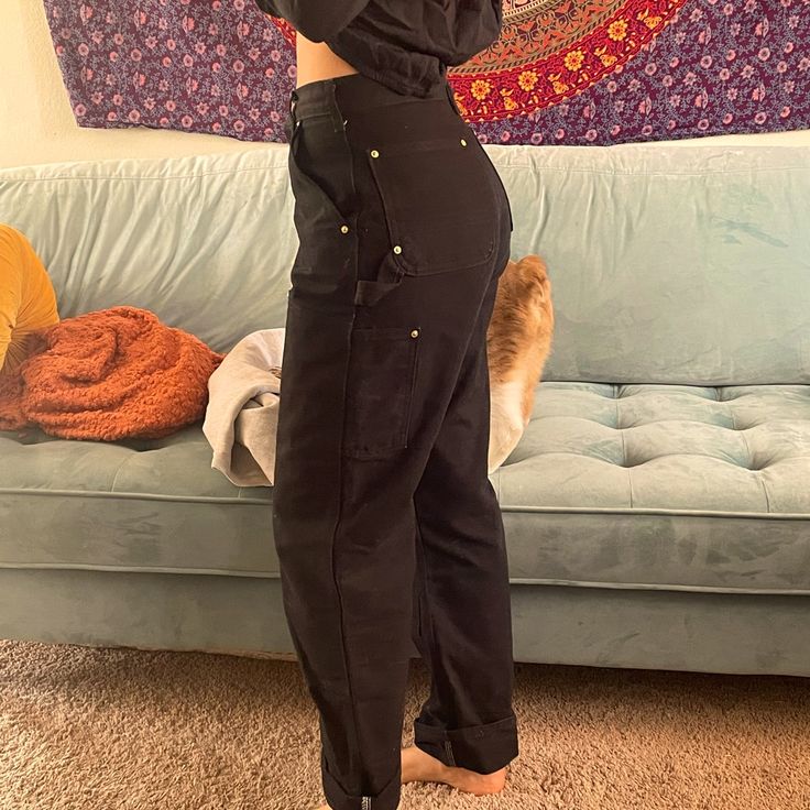 Carhartt Pants. Very Durable Double Knee Black Carhartt Pants. I Wear A S/M Or A 26-28 In Pants. I Have A 29/30 Inch Waist. The Last Photo Is How They Would Fit If You Were 5’2” With A 26 Inch Waist. They Have A Hole In The Right Knee But It Only Went Through The First Layeradds Character. Great Condition Pants. Carhartt Black Pants, Black Carhartt Pants, Carhartt Pants Women's, Carhartt Cargo Pants, Carhartt Work Pants, Brown Cargo Pants, Carhartt Cargo, 30 Inch Waist, Carhartt Jeans