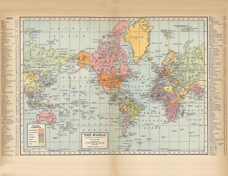 an old map of the world with countries and major cities on it's borders