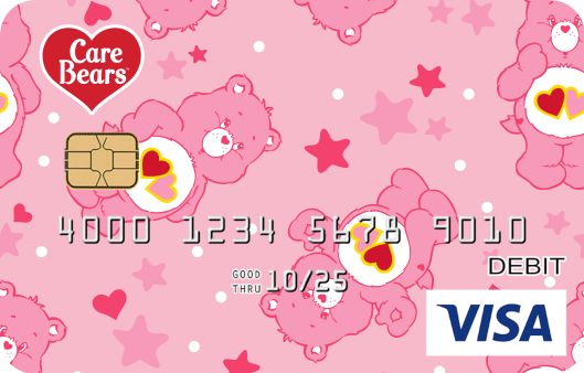 the care bears visa card is pink with hearts and teddy bears on it's back