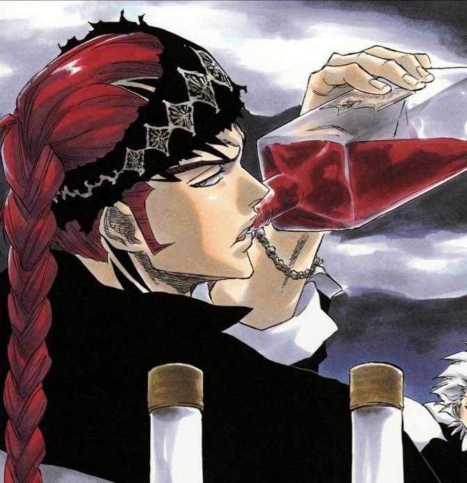 an anime character with red hair drinking from a wine glass while another person looks on