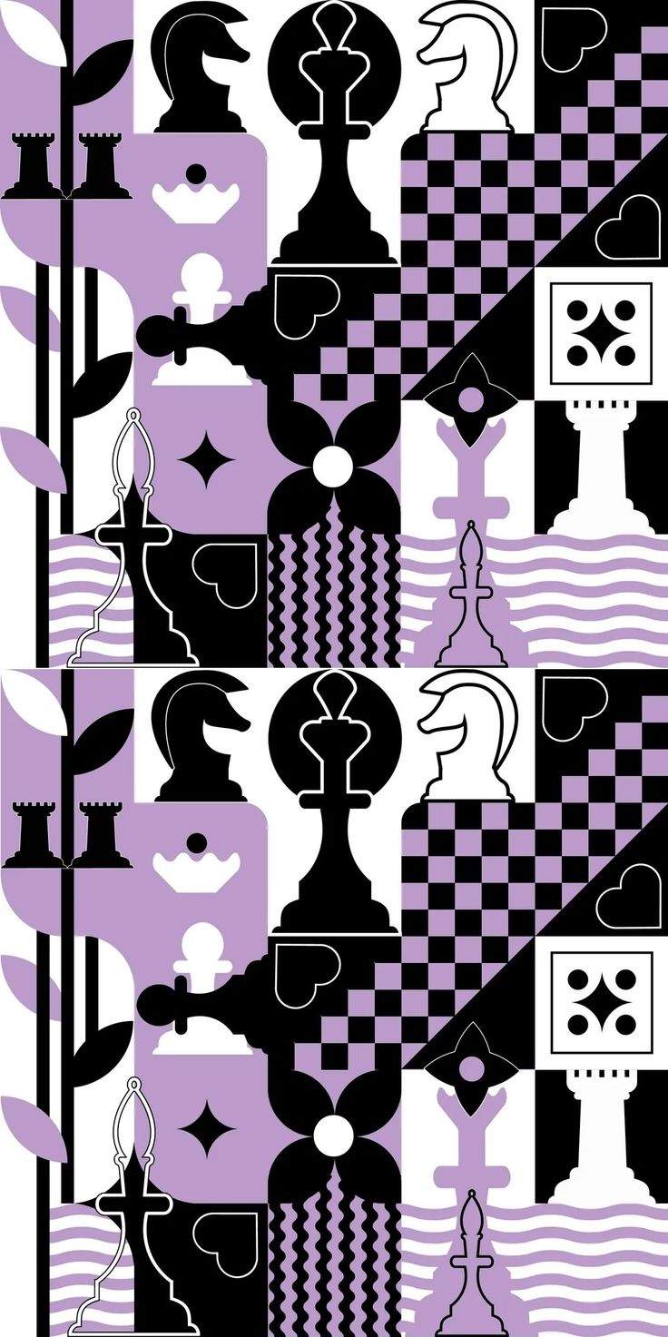 an abstract pattern with black and white shapes on purple, black and white checkered background