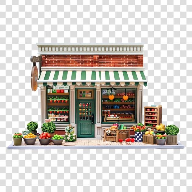 a store front with fruits and vegetables on display in the window, transparent background png clipart