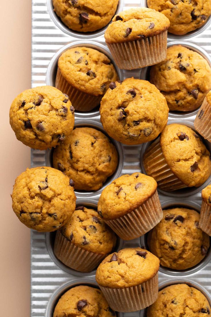 muffins are arranged in the middle of a baking tray, with chocolate chips on top