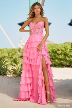 Bridesmaid Dresses | Sherri Hill Ruffle Corset, Corset Prom Dress, A Line Long Dress, Sherri Hill Prom, Strapless Prom Dress, Embellished Skirt, Lace Corset Top, Corset Dress Prom, Strapless Corset