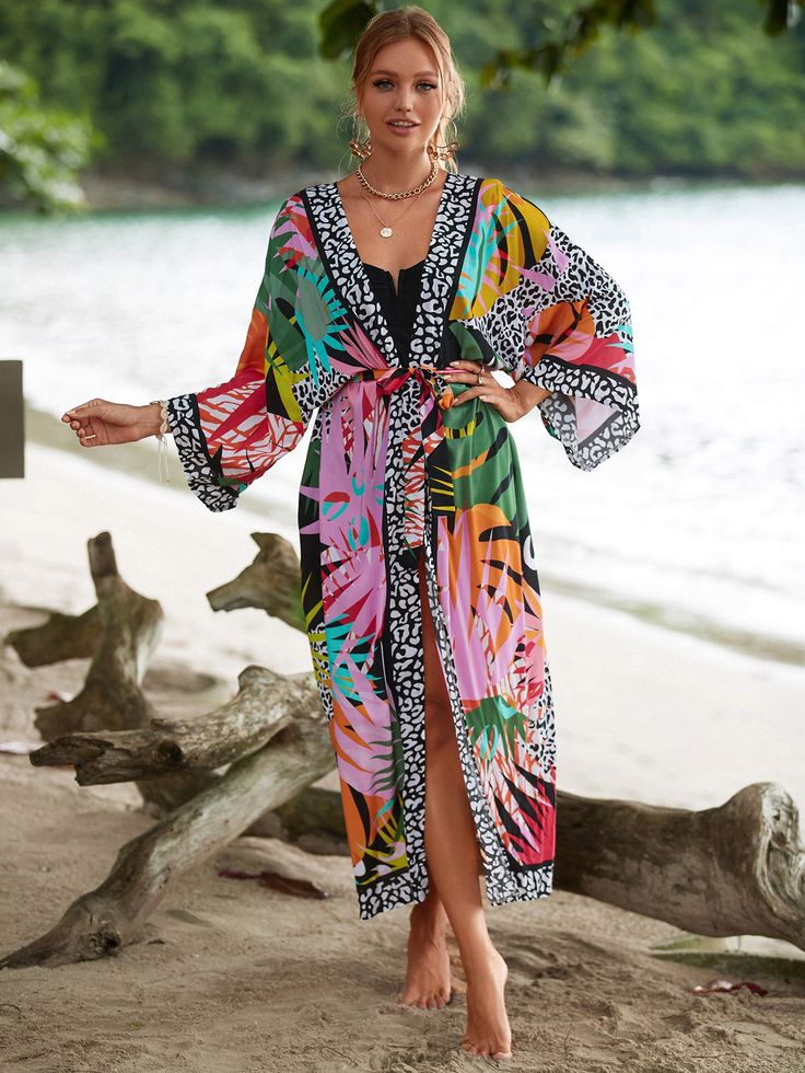 Tropical Print Belted Kimono Lounge Wear Dress Swimsuit Cover Up For Women Vacation Multicolor   Long Sleeve Woven Fabric Graphic,Tropical,Plants,All Over Print  Non-Stretch  Women Clothing, size features are:Bust: ,Length: ,Sleeve Length: Beach Tropical Print Dress, Long Sleeve Multicolor Print Beach Dress, Multicolor Long Sleeve Beach Dress, Long Sleeve Multicolor Beach Dress, Long Sleeve Multicolor Print Dress For Beach, Patterned Beach Dresses For Beach Season, Open Front Beach Dresses For Vacation, Open Front Dresses For Beach Season Vacation, Open Front Dresses For Beach Vacation