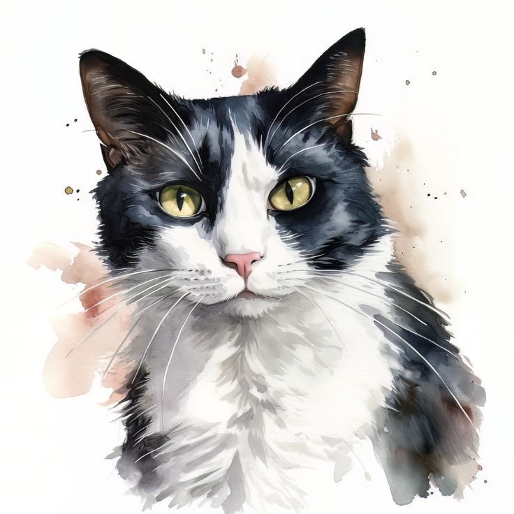 a black and white cat with yellow eyes is shown in this watercolor painting style