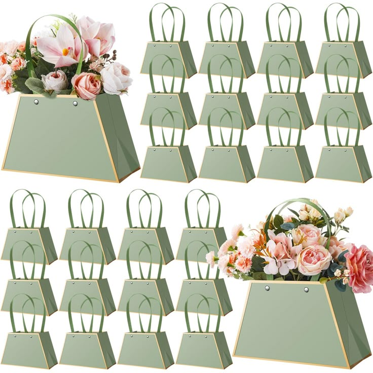 there are many bags with flowers in them on the same side and one has a flower arrangement inside it