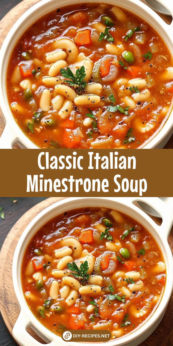 two bowls of italian minestone soup on top of a wooden cutting board with the words classic italian minestone soup