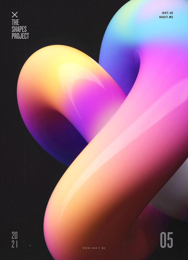 an abstract poster with the shape of a curved object in pink, blue and yellow