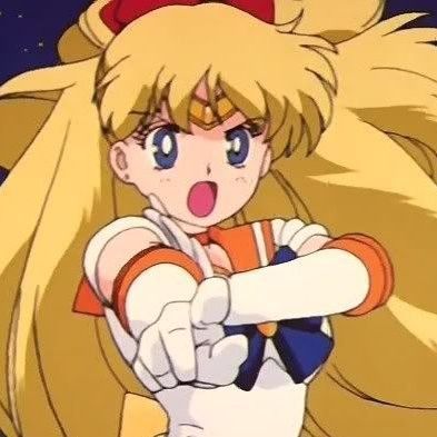 an anime character with long blonde hair and blue eyes pointing at the camera while standing in front of a star filled sky