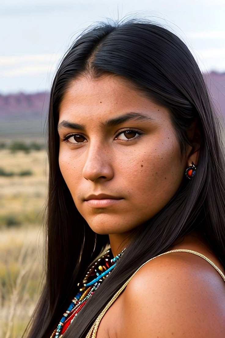 a native american woman with long black hair and jewelry on her neck looking at the camera