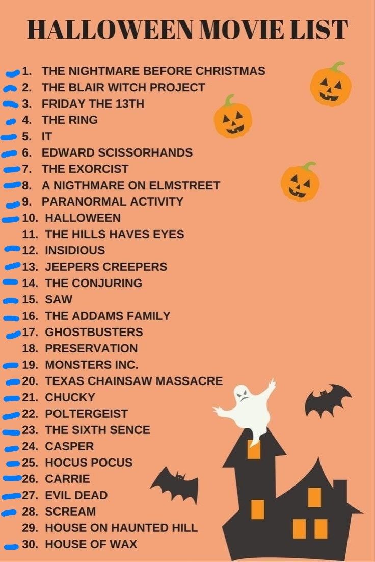 the halloween movie list with pumpkins and bats