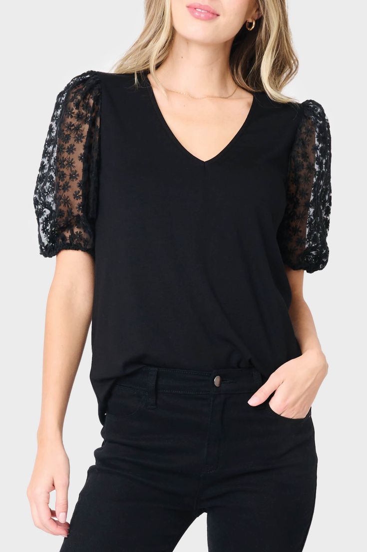 The Megan Mixed Media Soft Ponte Top is a perfect combination of classic and modern. This top features embroidered puff sleeves and a V-neck, creating a timeless yet chic look. It's made of a soft ponte fabric for all-day comfort and style. 93% Rayon | 7% Spandex Hand Wash Cold, Dry Flat. Length 25" Casey is 5'8 and wearing size XS Sheer Puff Sleeve Top, Sheer Sleeves Top, Navy Peacoat, Pink Peacock, Chic Look, Puff Sleeve Top, Navy Pink, Sheer Sleeves, Puff Sleeves