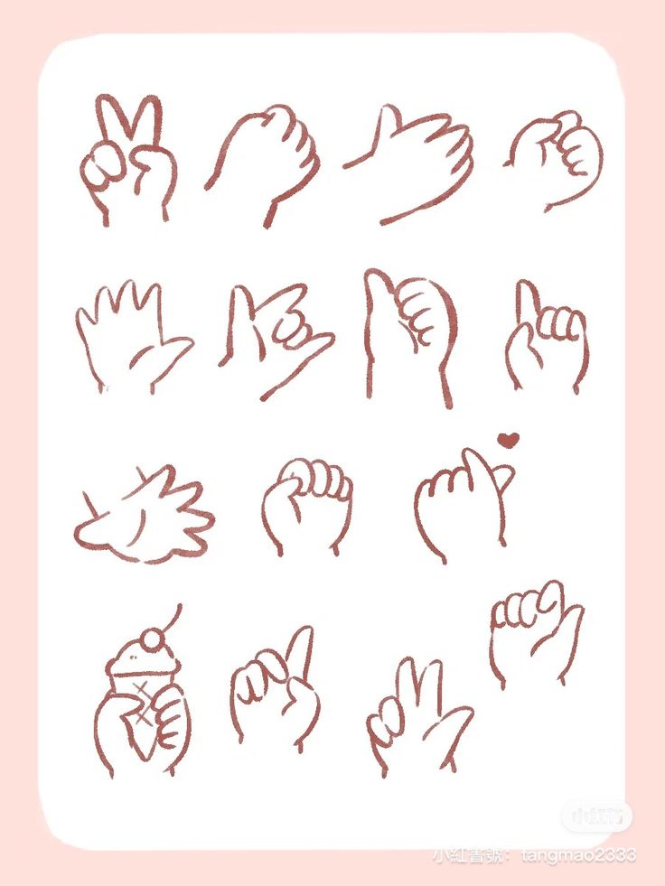 various hand gestures drawn in red ink on a white paper with a pink border around them