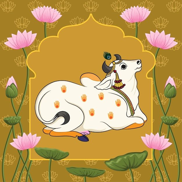 an illustration of a cow laying on its back in front of pink flowers and green leaves