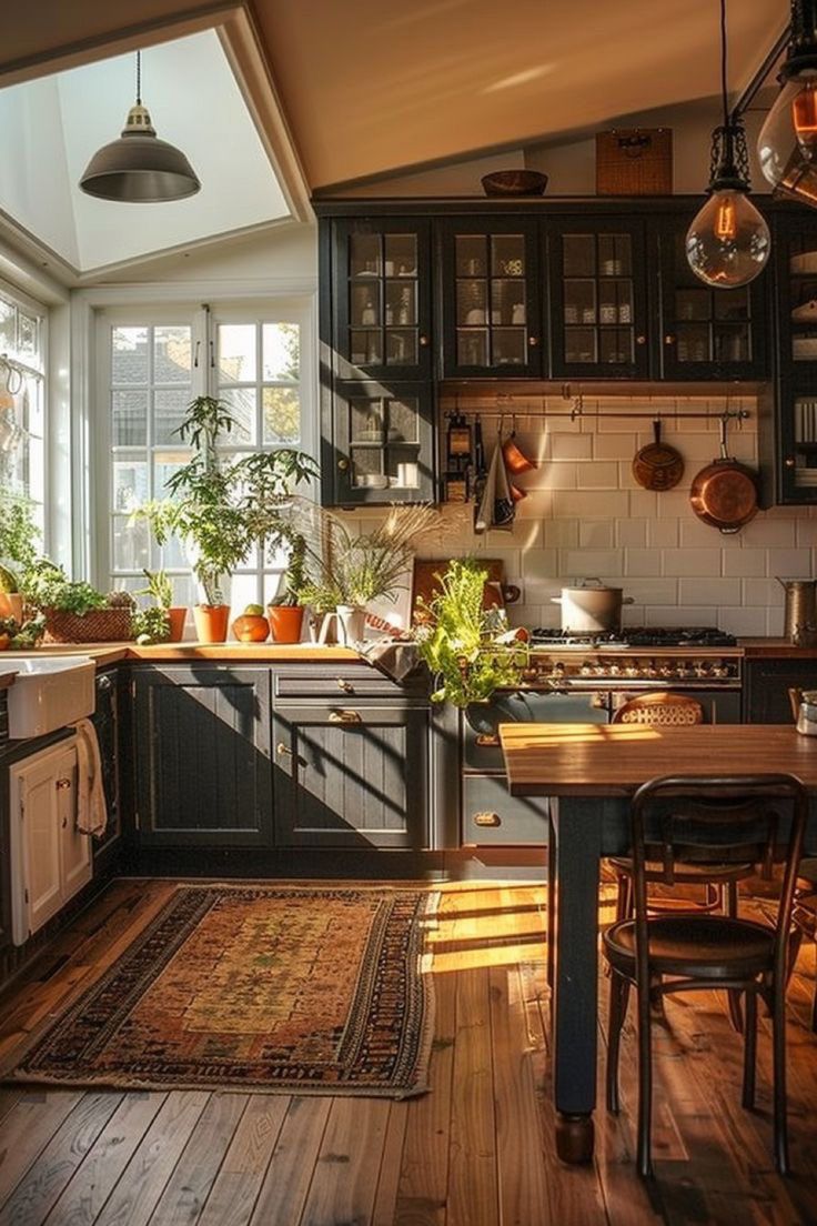 a kitchen filled with wooden floors and lots of windows