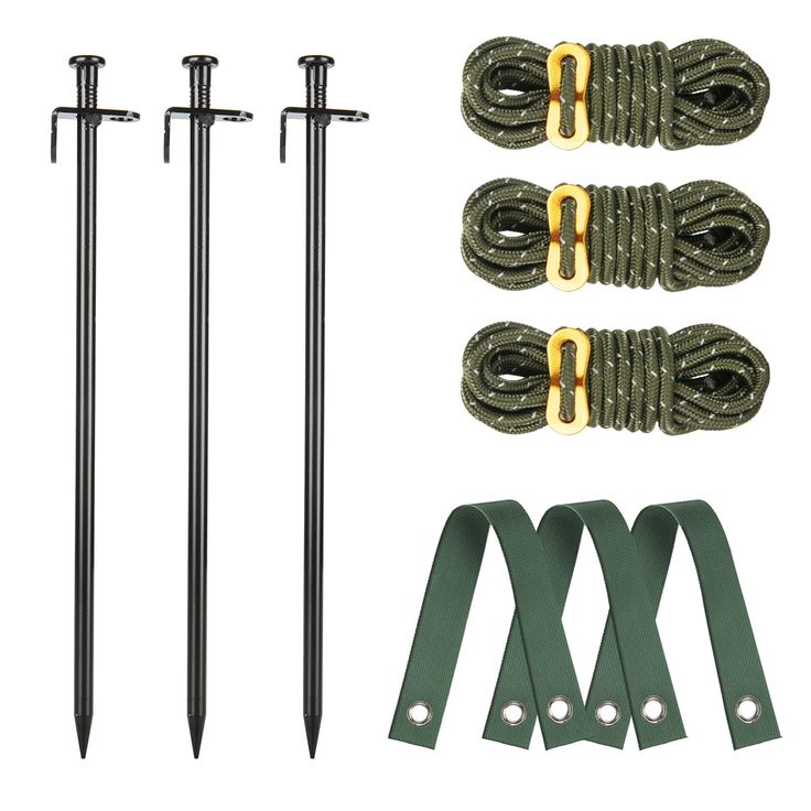 an assortment of garden tools including two poles, straps and hooks on a white background