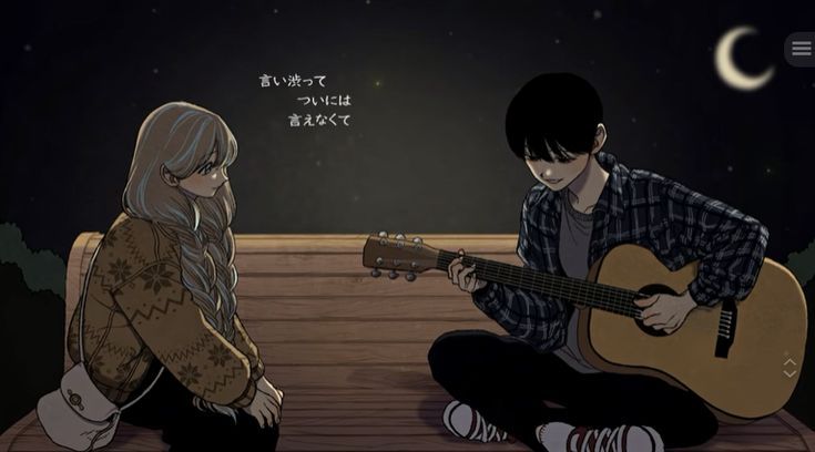 two people are sitting on a bench playing guitars at night with the moon in the background