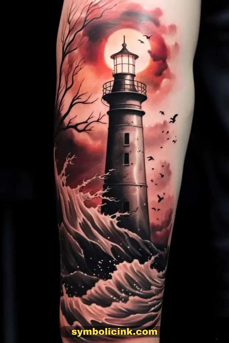 Lighthouse Tattoo Ideas Lighthouse Tattoo Ideas, Tattoos For Arm, Lighthouse Tattoo Meaning, Traditional Lighthouse Tattoo, Lighthouse Tattoos, Nautical Tattoo Sleeve, Navy Tattoos, Storm Tattoo, Boat Tattoo