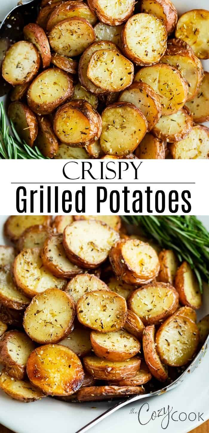 crispy grilled potatoes in a skillet with rosemary sprigs on the side