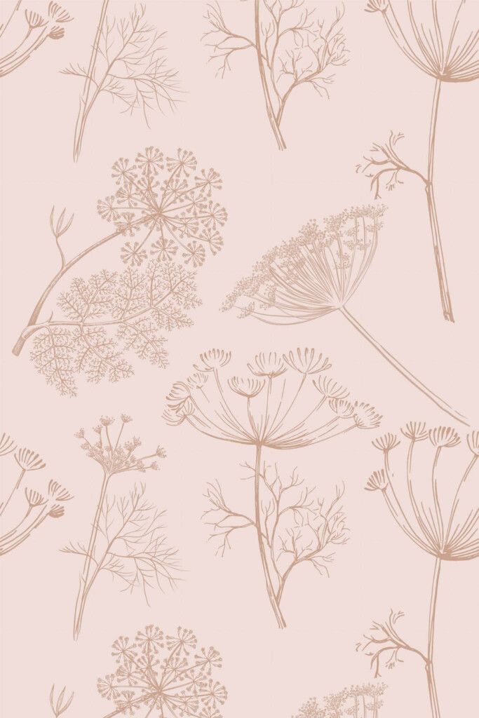 a pink wallpaper with flowers and leaves on it