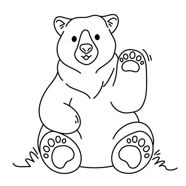 a black and white drawing of a bear sitting on the ground with its paw up