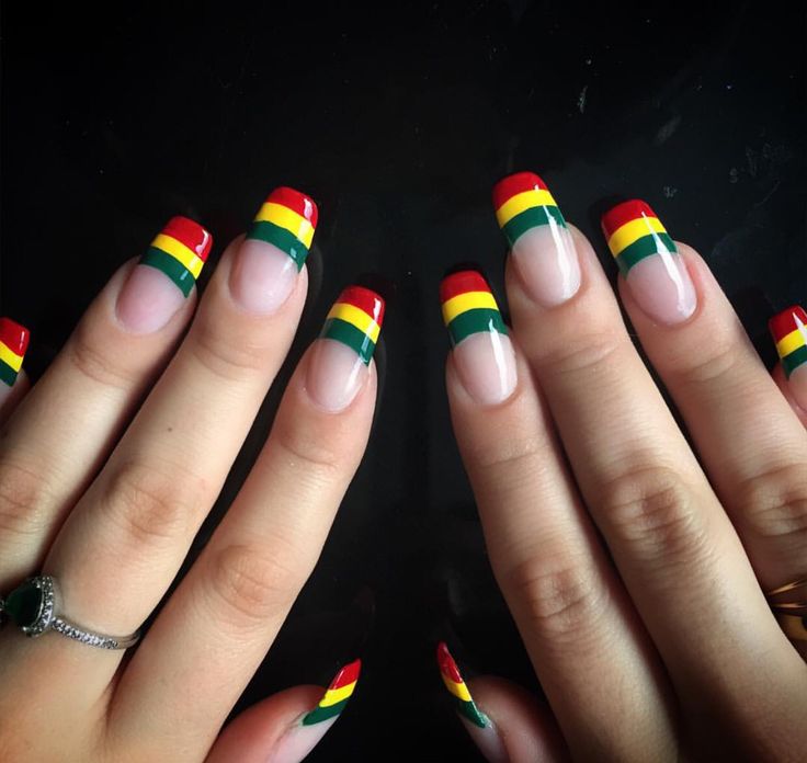 Summer Red Yellow And Green Nails, Red Black Green Nails, Red Gold And Green Nails, Rasta Color Nails, Red Yellow Green Nails, Reggae Nails Designs, Rasta Nail Designs Reggae, Rasta Nails Acrylic, Juneteenth Nails Designs