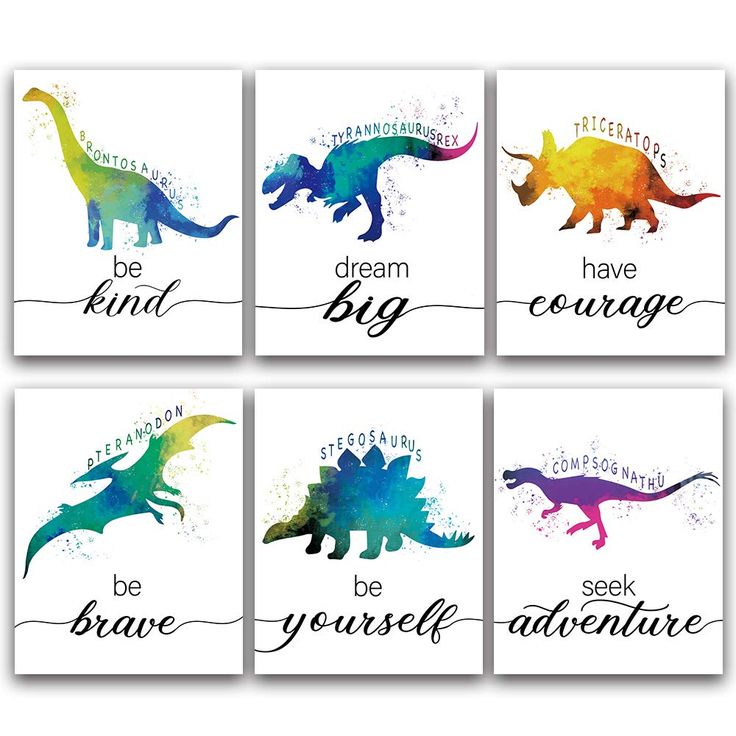 four colorful dinosaur prints with the words be kind, dream, love, and be brave