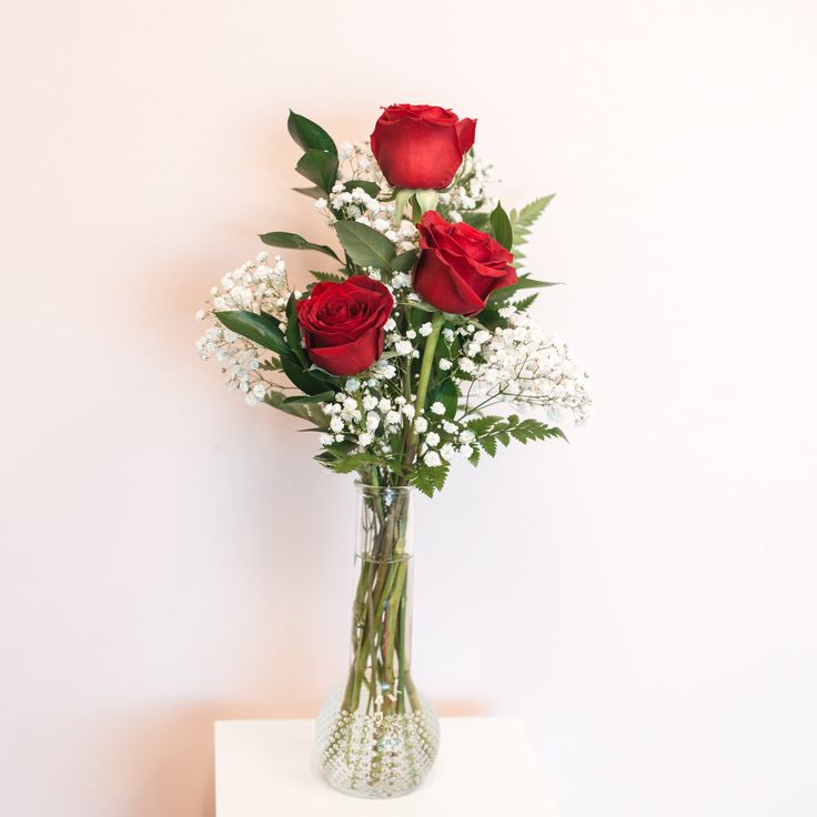 three red roses in a vase with baby's breath