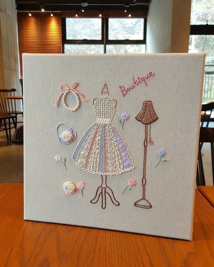 a card with an image of a dress and umbrella on it, sitting on a table