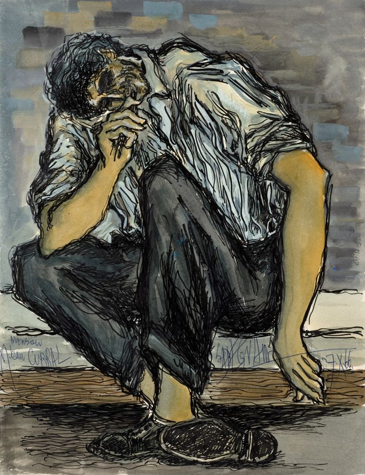 a drawing of a man sitting on the ground with his head in his hands and looking down