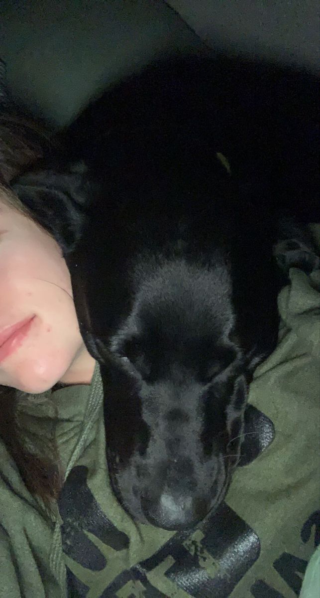 a woman laying in bed next to a black dog with her head on the pillow