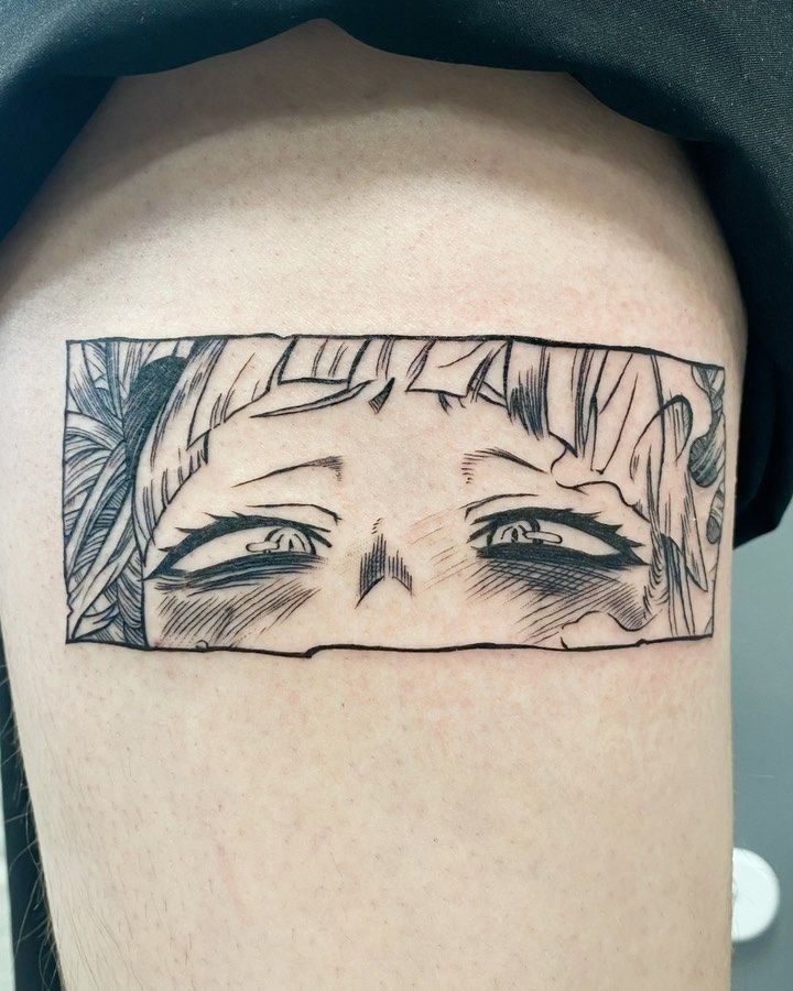 a woman's face with eyes drawn on the side of her thigh and behind it is a black and white line drawing