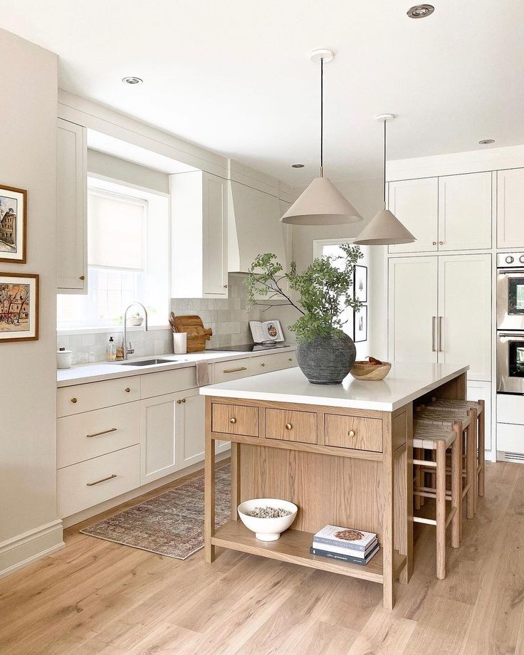 a large kitchen with white cabinets and wooden floors is pictured in this image, the island has a potted plant on it