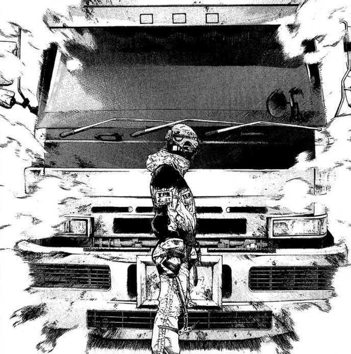 a black and white drawing of a man standing in front of a car with the hood up