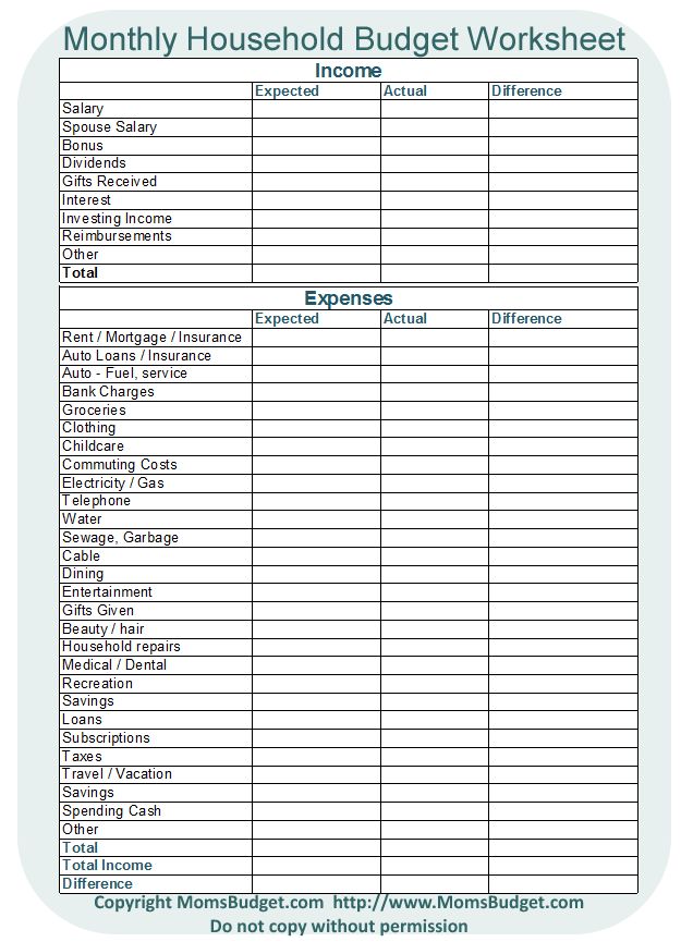 the printable household budget worksheet