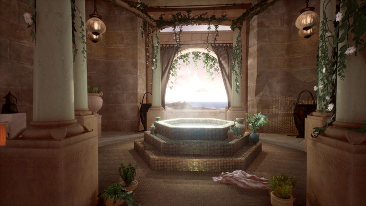 an indoor hot tub in the middle of a room with potted plants on either side